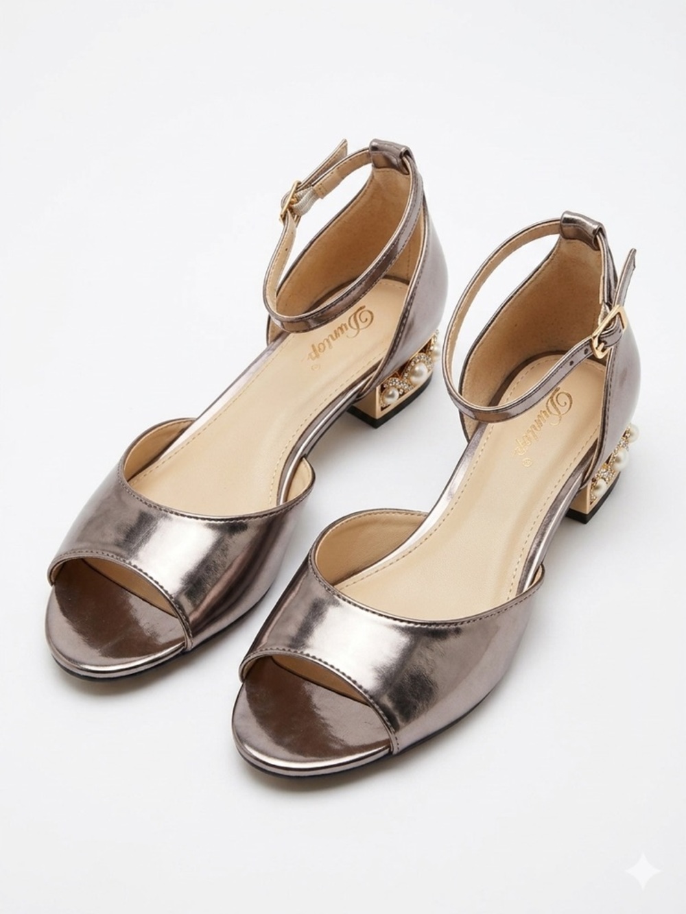 Dunion Pewter Metallic Pearl Heel Sandals Peep Toe Ankle Strap Size 8M